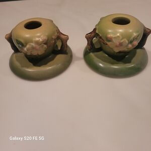 Pair of Roseville Green Appleblossom candleholders